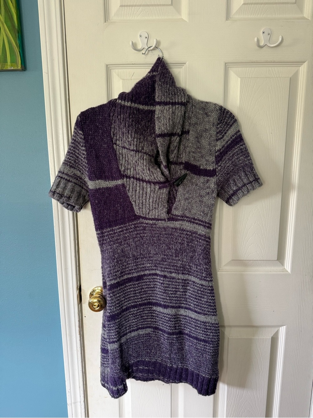 Ruff Hewn Purple & Gray Short-Sleeve Cowl-Neck Sweater Dress